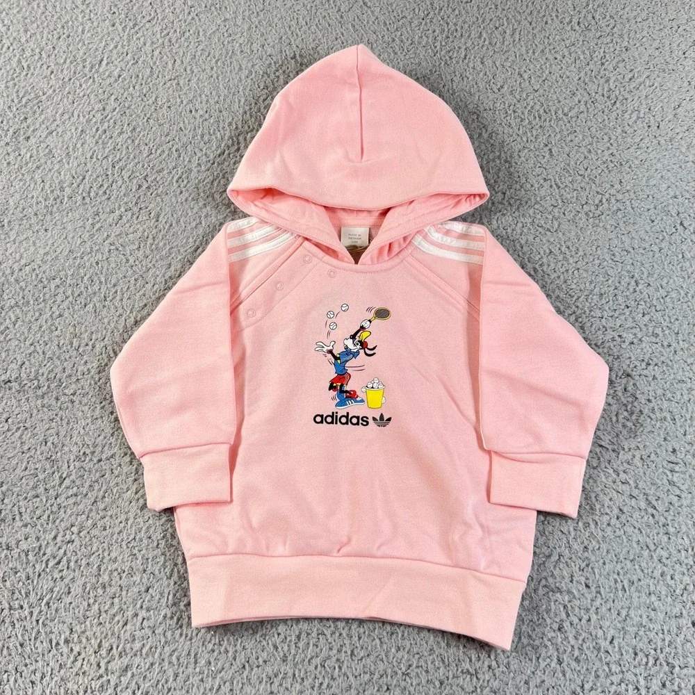 Adidas Goofy Hoodie Kids 12M Pink Disney Tennis Graphic Fleece Sweatshirt‎ VTG